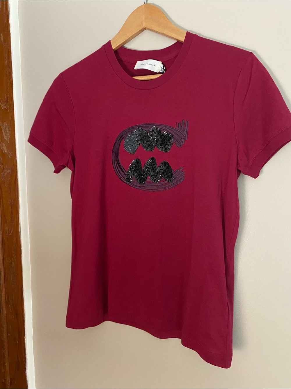 Coach x Guang Yu Burgundy Short Sleeve Tee with Black Sequin Logo Pre Fall 2019